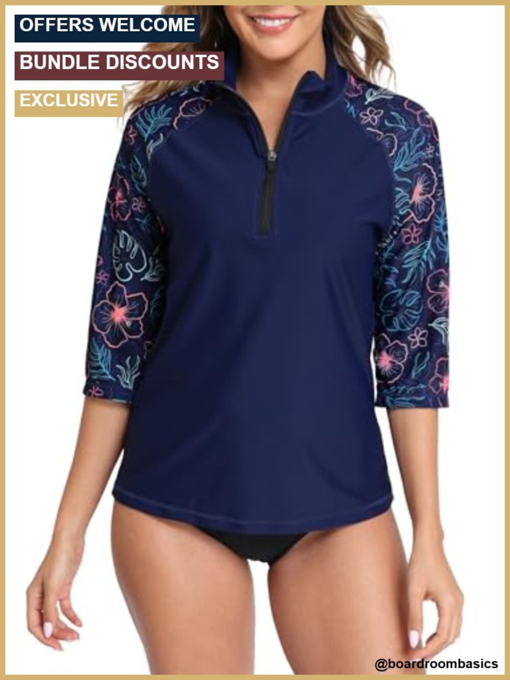 Half Zip 3/4 Sleeve Rash Guard Swim Shirt UPF 50+ Mock Neck Swim Top